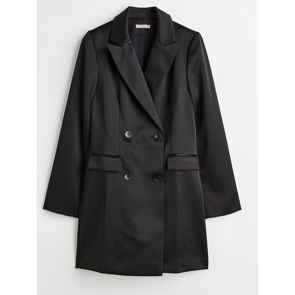 H&M sz XL Women Satin Double Breasted Black Lined Blazer Dress Career Party Chic - Picture 3 of 11
